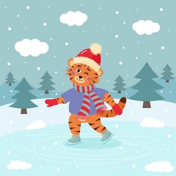Winking tiger is skating in hat and scarf. Stock Illustration