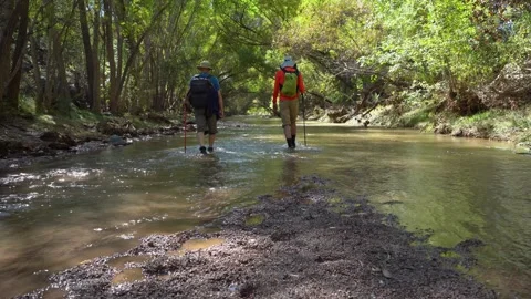 Winkleman, AZ, USA - 10-16-2025 - Men hiking in a mountain stream Stock Footage 319664203
