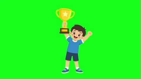 Winner animated happy young boy holding trophy cup celebrating victory 4k c.. Stock Footage 341906166