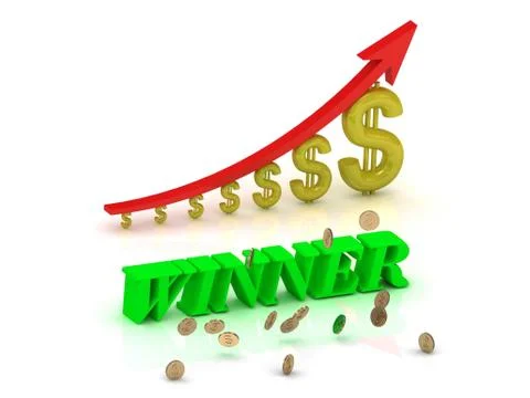 WINNER- bright color letters and graphic growing dollars and red arrow on a w Stock Illustration