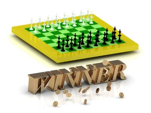 WINNER- bright gold letters money and yellow chess on white background Stock Illustration