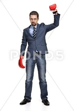 Winner, businessman in boxing gloves - isolated on white background Stock Photos