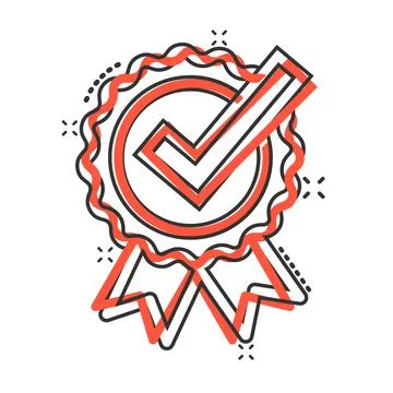 Winner with check mark icon in comic style. Rosette award cartoon vector illu Illustrazione stock