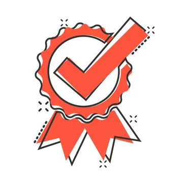 Winner with check mark icon in comic style. Rosette award cartoon vector illu Illustrazione stock