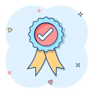 Winner with check mark icon in comic style. Rosette award cartoon vector illu Illustrazione stock
