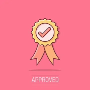 Winner with check mark icon in comic style. Rosette award cartoon vector il.. Stock Illustration