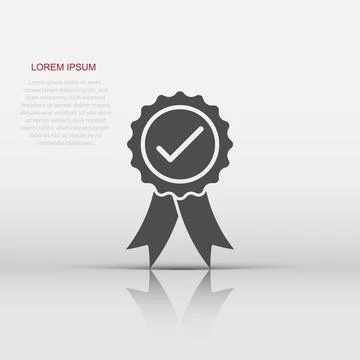 Winner with check mark icon in flat style. Rosette award vector illustratio.. Stock Illustration