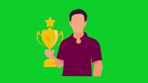 Winner Contestant Holding a Trophy in Simple Cartoon Character Animation Stock Footage 251230242