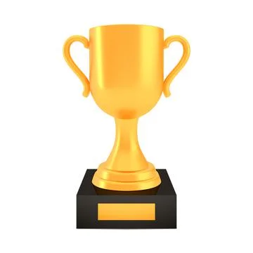 Winner cup award on stand with empty plate, golden trophy logo isolated on white Stock Illustration