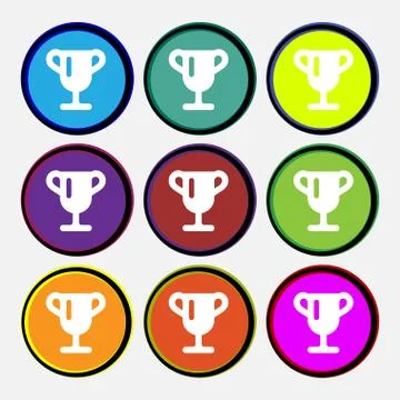 Winner cup, Awarding of winners, Trophy  icon sign. Nine multi-colored round  Stock Illustration