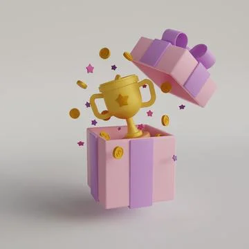 Winner cup gift box, great design for any purposes. 3d illustration. Surpri.. Stock Illustration