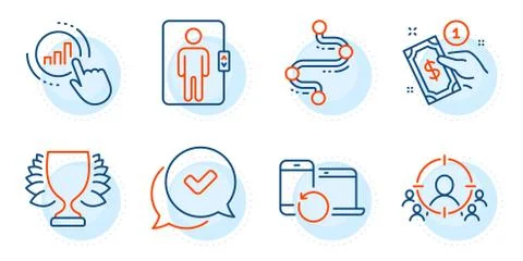 Winner, Elevator and Business targeting icons set. Graph chart, Approved and Stockillustratie