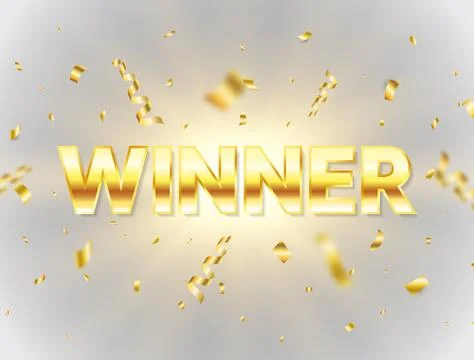 Winner gold text with glowing light and flying confetti. Explosion star backg Stock Illustration