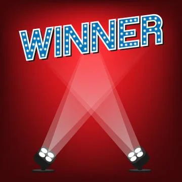 Winner label on stage with red background and lighting Illustrazione stock