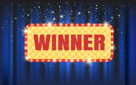 Winner Light Bulb Frame on Blue Curtain Background Stock Illustration