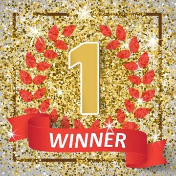 Winner, number one background with red ribbon, olive branch on abstract gold Stock Illustration
