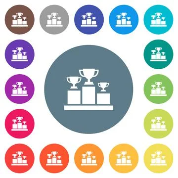 Winner podium with trophy cups flat white icons on round color backgrounds Stock Illustration