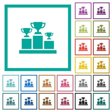 Winner podium with trophy cups flat color icons with quadrant frames Stockillustratie