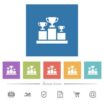 Winner podium with trophy cups flat white icons in square backgrounds Stock Illustration