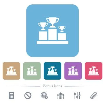 Winner podium with trophy cups flat icons on color rounded square backgrounds Stock Illustration