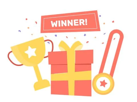 Winner set. Cup, gift box, gold medal. Illustration