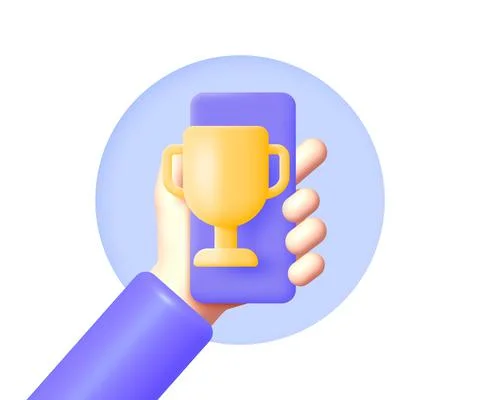 Winner smartphone in 3d style. Using telephone. Modern mockup for mobile app Stock Illustration