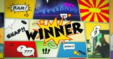 Winner speech bubble text in the foreground of colorful comic strip Stock Illustration