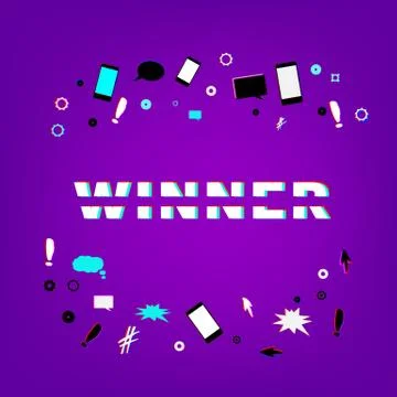 Winner square banner. Sliced text effect. Glitch chromatic aberration style.  Stock Illustration