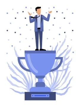 Winner on top of his trophy vector illustration.Business man standing on big Stock Illustration