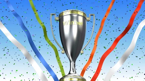 Winner trophy cup rotating with ribbons and confetti. 3D illustration render Stock Footage 64987630