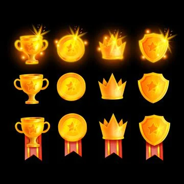 Winner trophy cup vector set, champion RPG prize kit, golden game badge award 스톡 일러스트