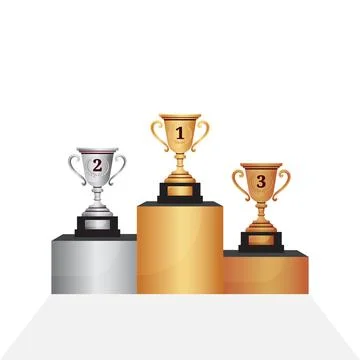 Winners gold silver and bronze cup on award pedestal isolated on white back.. Stock Illustration