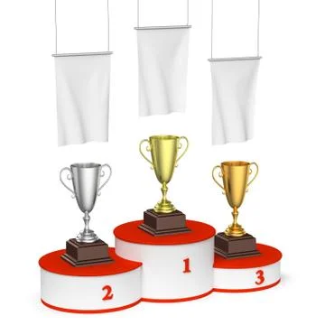 Winners podium with trophy cups and blank white flags Stock Illustration