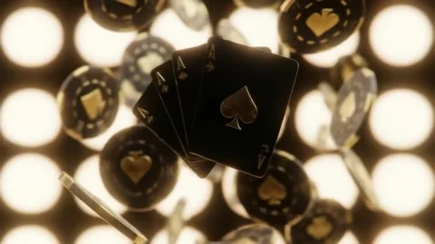 Winning hand of aces glittering with chips at the casino table for success Stock Footage 321349338