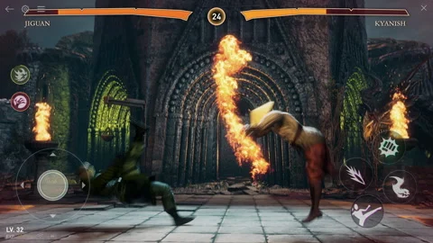 Winning match of a competitive vs fighting gaming simulator on the mobile phone Stock Footage 241381842