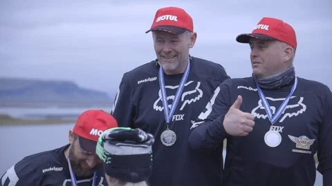 Winning Riders in Extreme Motocross Off-Road Kirkjubaejarklaustur Iceland. Stock Footage 118046341