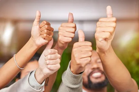 Winning, thumbs up and group of people thank you, support or diversity hands for Stock Photos