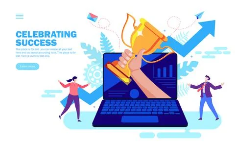 Winning trophy in hand from the computer screen with growth arrow Illustrazione stock