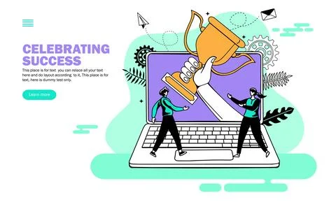 Winning trophy in hand from the computer screen with growth arrow Stockillustratie