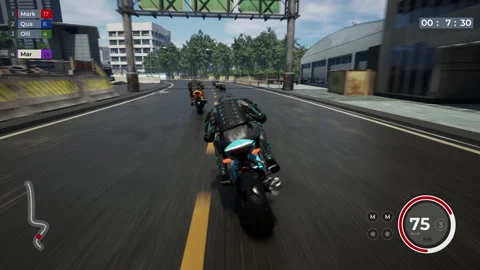 Winning virtual biker computer video game competitive motorcycle racing level Vídeo Stock 256038562