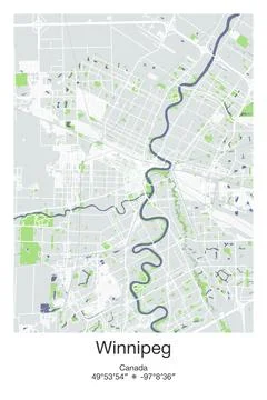 Winnipeg, Canada - vector map of city in Gray, Blue, Green, White colors Stock Illustration