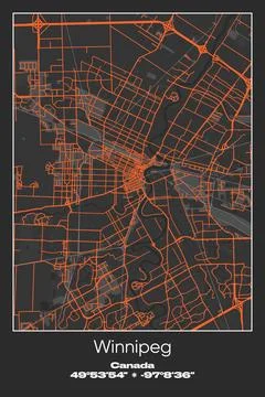 Winnipeg, Canada - vector map of city in Gray, Black, Orange colors Stock Illustration