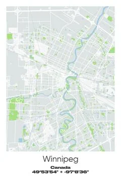 Winnipeg, Canada - vector map of city in Gray, white, green, blue colors Stock Illustration