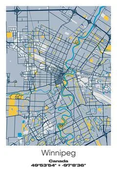 Winnipeg, Canada - vector map of city in Blue, Gray, Yellow, Olive colors Stockillustratie