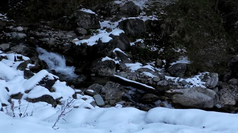 Winter 0023 High Mountains, Small River, Winter Season, Snow Stock Footage 956928