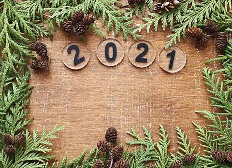 Winter 2021 rustic wallpaper. creative winter flat lay Stock Photos