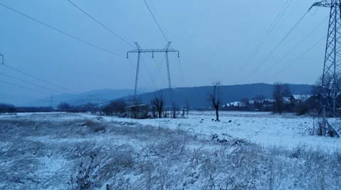 Winter 4K powerlines Stock Footage 34485179