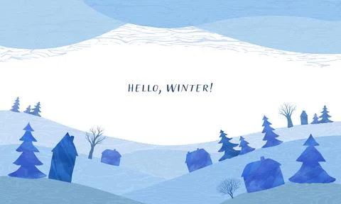 Winter abstract background. Landscape with trees and houses. Stock Illustration