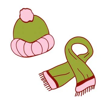 Winter accessories including a green hat with pink details and a matching scarf Stock Illustration