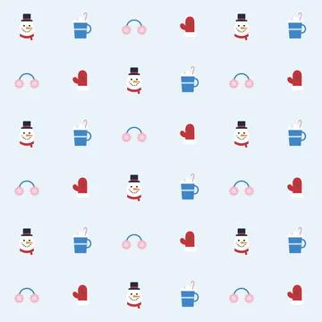 Winter accessories seamless pattern with snowman, hot cocoa mug, candy cane, Stock Illustration